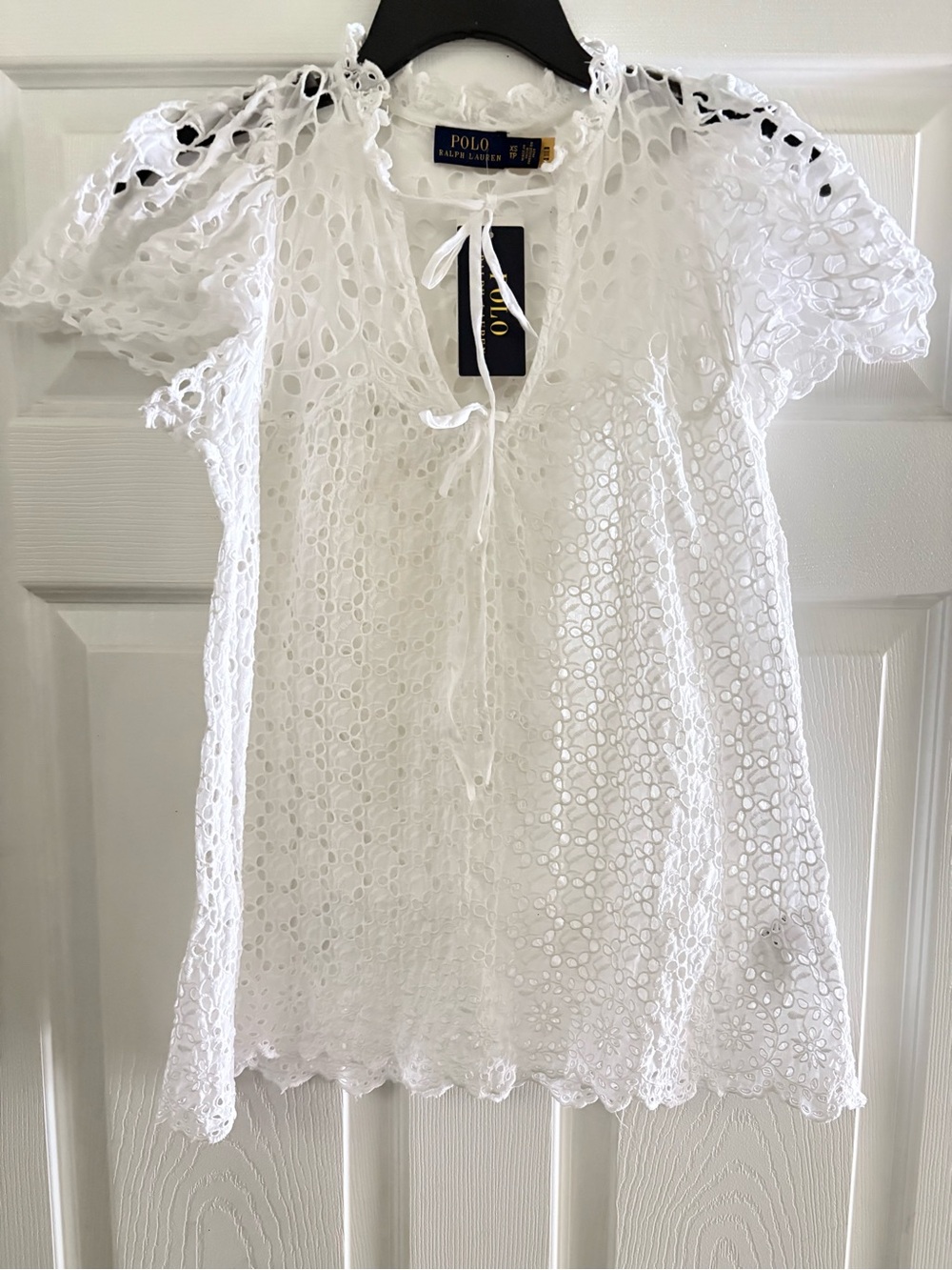 Polo Ralph Laurent boho White Lace Tie-Neck Women's Top - Picture 2 of 7
